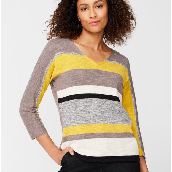 Chico's Size 1 (M, 8) V-Neck Colorblock‎ Sweater Pullover 3/4 Sleeve - Picture 1 of 9